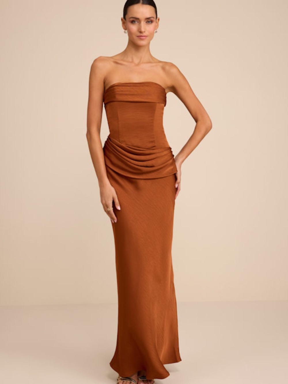 Lulus Verbena Bronze Satin Draped Strapless Maxi Dress Orange - Size XS